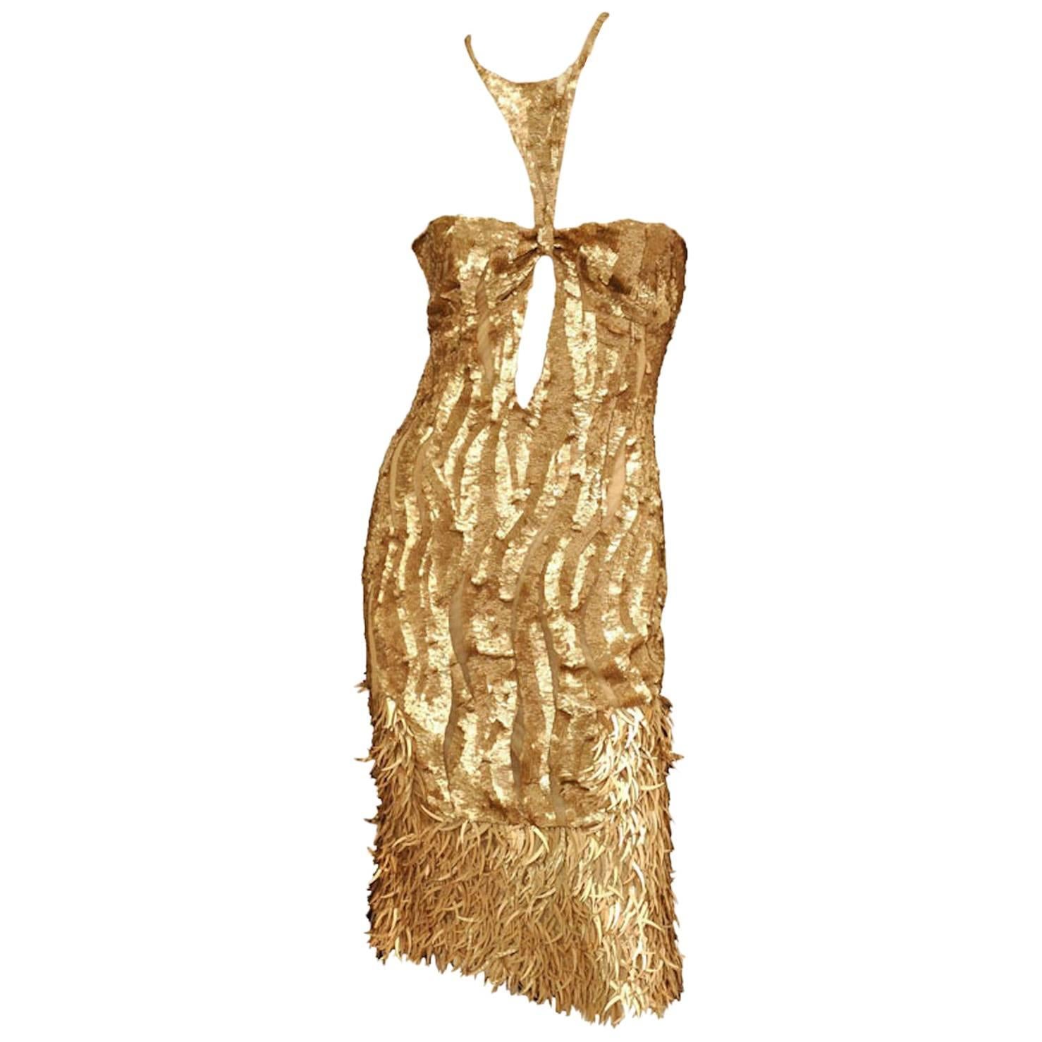 New Tom Ford for Gucci 2004 Collection Gold Embellished Cocktail Dress It. 42 For Sale