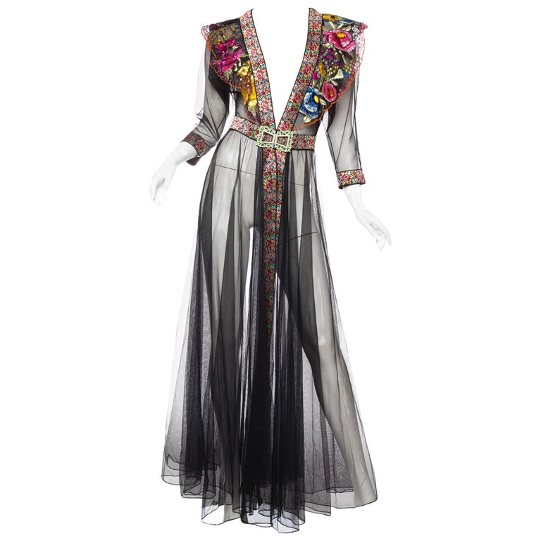 Sheer Net Duster Jacket Dress with Floral Hand Embroidery at 1stDibs