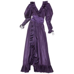 Vintage Ruffled Silk Taffeta Duster Coat Wrap Dress, 1970s 