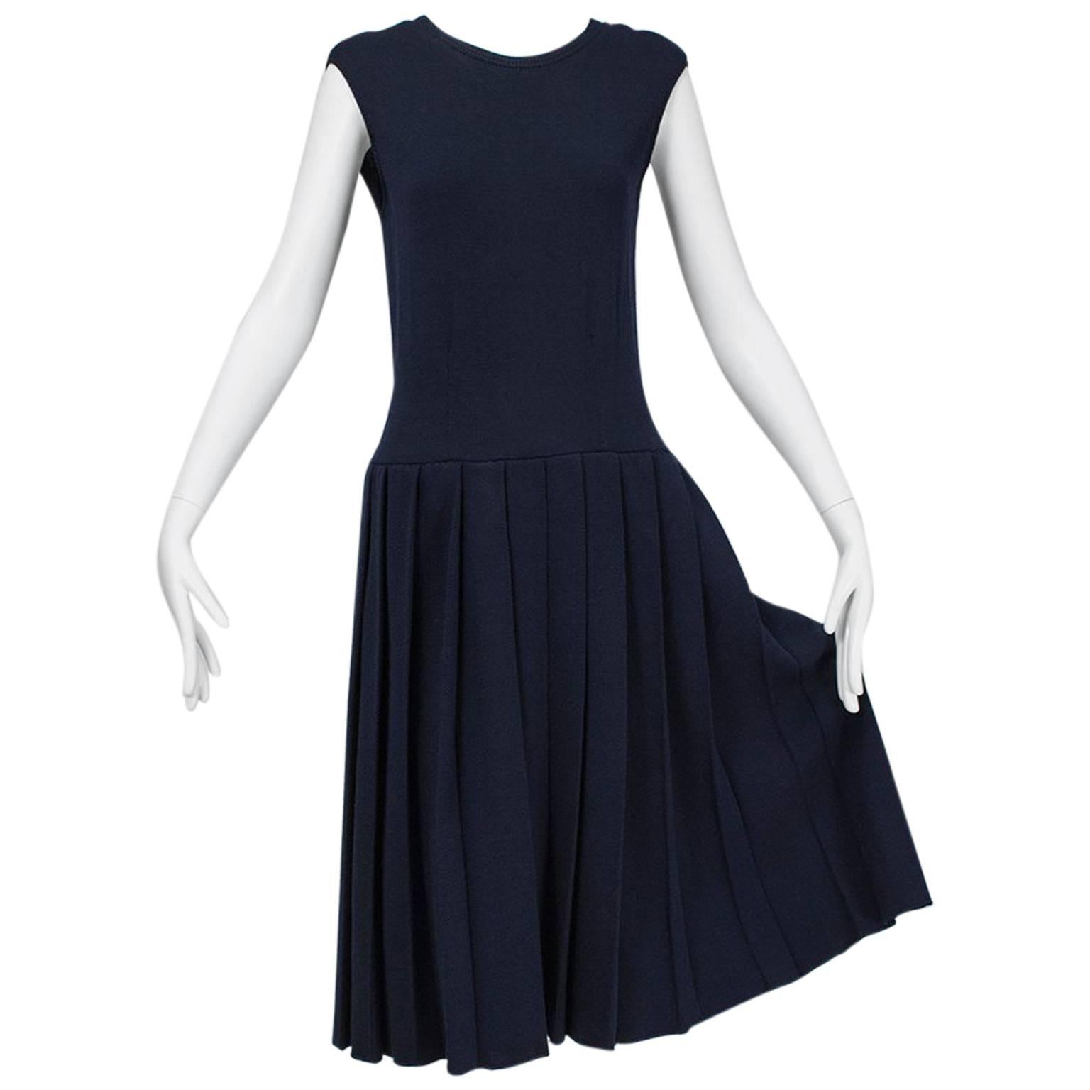 Norman Norell Navy Knife Pleat Knit Dress, 1960s