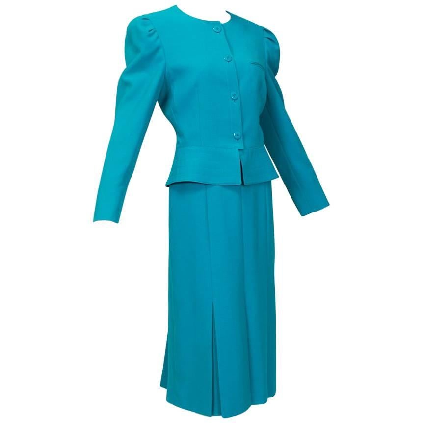 Louis Féraud Teal Trapunto Peplum Suit with Provenance - US 8, 1980s