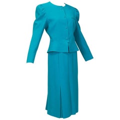 Vintage Louis Féraud Turquoise Knife Pleat Power Skirt Suit w Provenance - US 8, 1980s