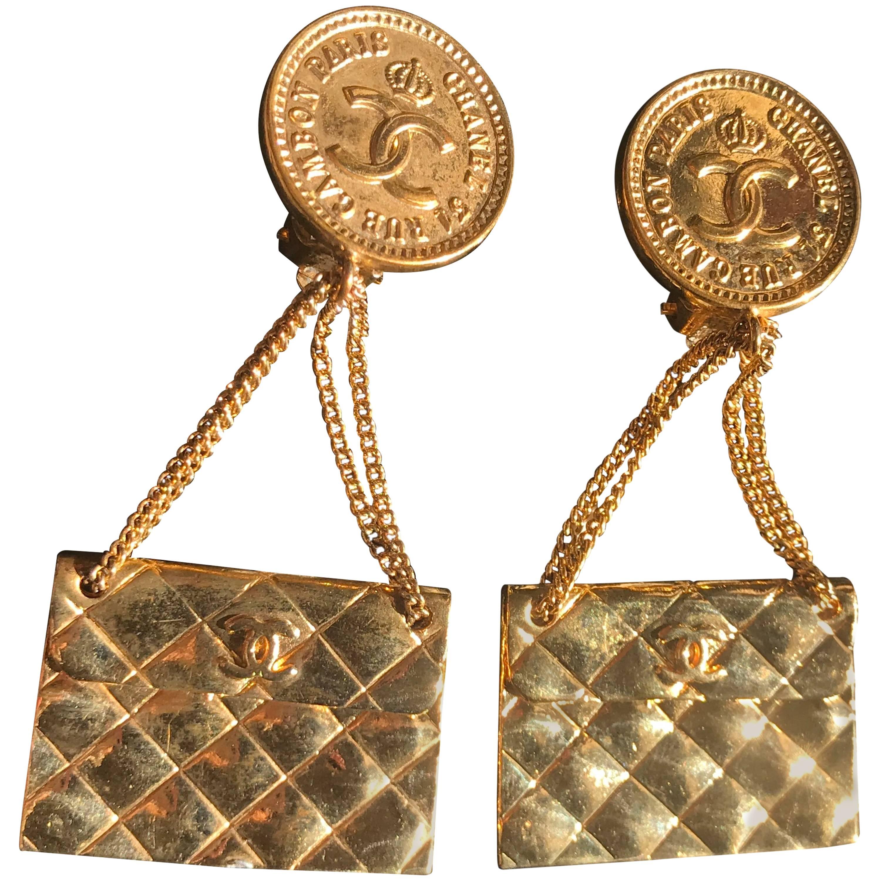 Vintage CHANEL classic 2.55 bag design dangling earrings with CC mark.  For Sale