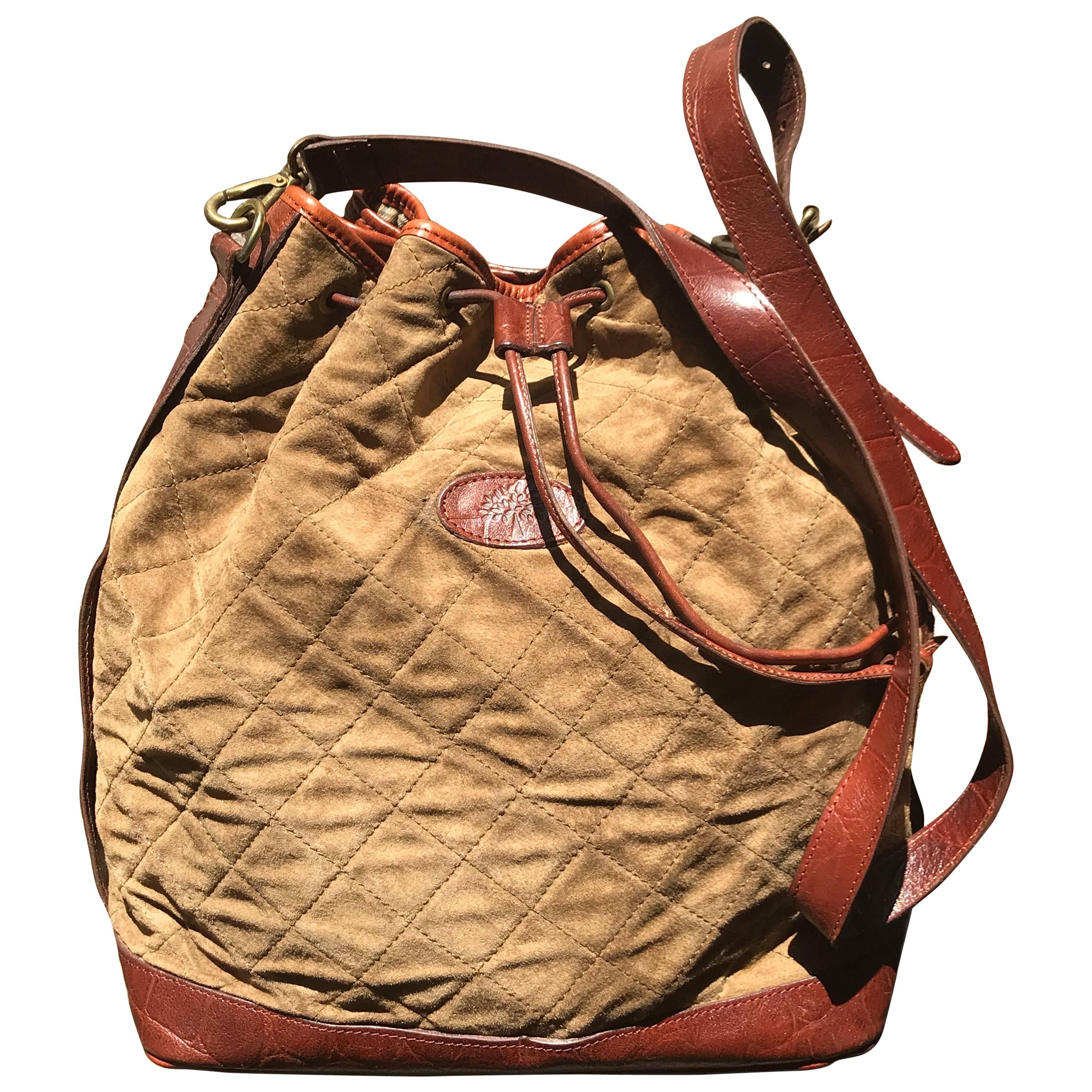 Vintage Mulberry brown khaki quilted suede leather bucket hobo bag. Roger Saul. For Sale