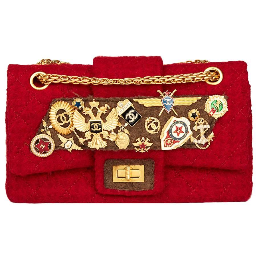 Chanel Red Quilted Wool Fabric Romanov Charms 2.55 Reissue 225 Double Flap Bag