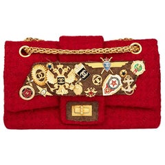 Vintage Chanel Red Quilted Wool Fabric Romanov Charms 2.55 Reissue 225 Double Flap Bag