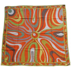 Emilio Pucci Vintage Silk Scarf Psychedelic Design in Orange and Green, 1960