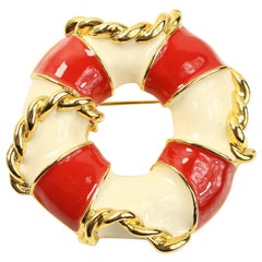 Escada Goldfarbene elfenbeinfarbene/rote Lifebuoy-Brosche