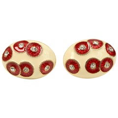 Nina Ricci Gold Toned Ivory Oval Red Crystal Rhinestones Clip On Earrings 