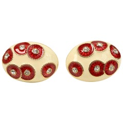 Nina Ricci Gold Toned Ivory Oval Red Crystal Rhinestones Clip On Earrings