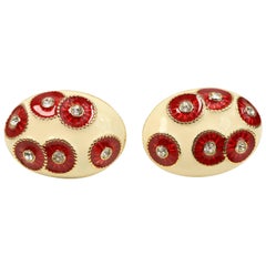 Retro Nina Ricci Gold Toned Ivory Oval Red Crystal Rhinestones Clip On Earrings 