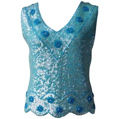 Vintage Aqua Blue Cashmere Hand Beaded and Sequined Sleeveless V Neck Top