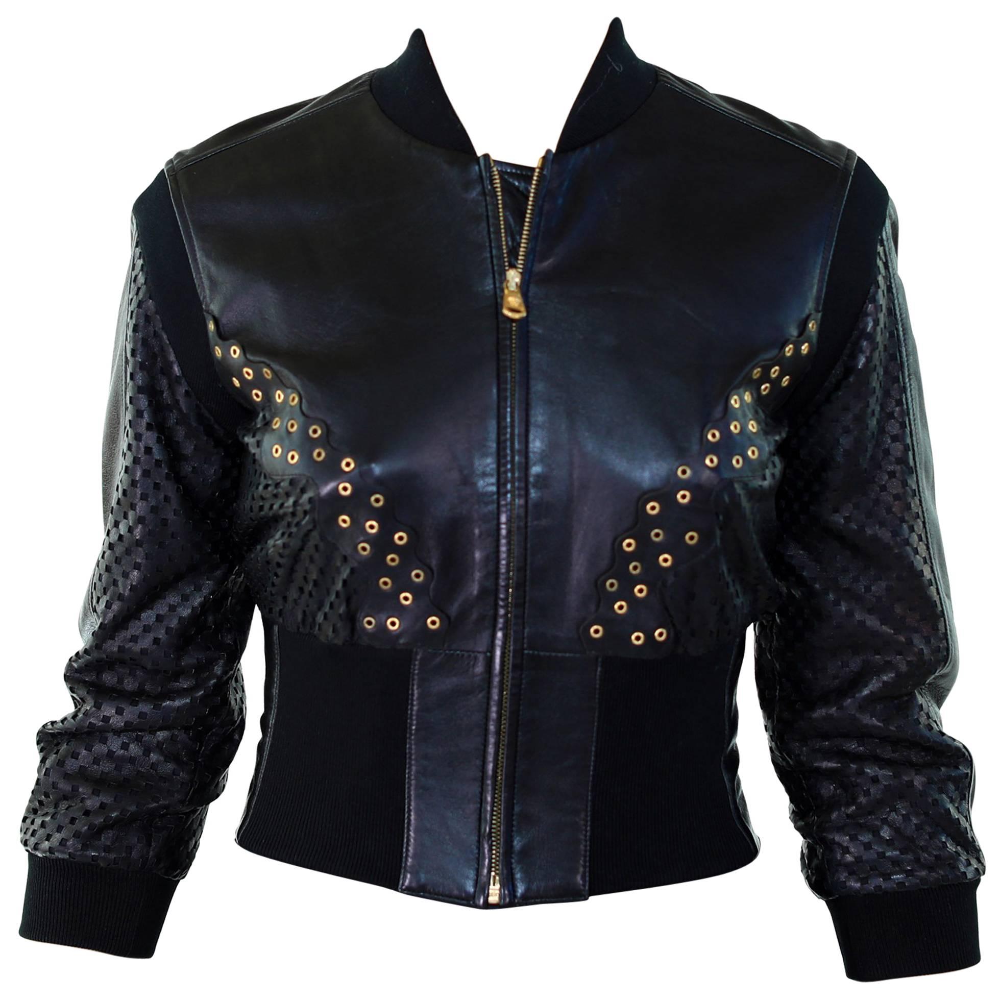 New VERSACE Cropped Black Leather Jacket