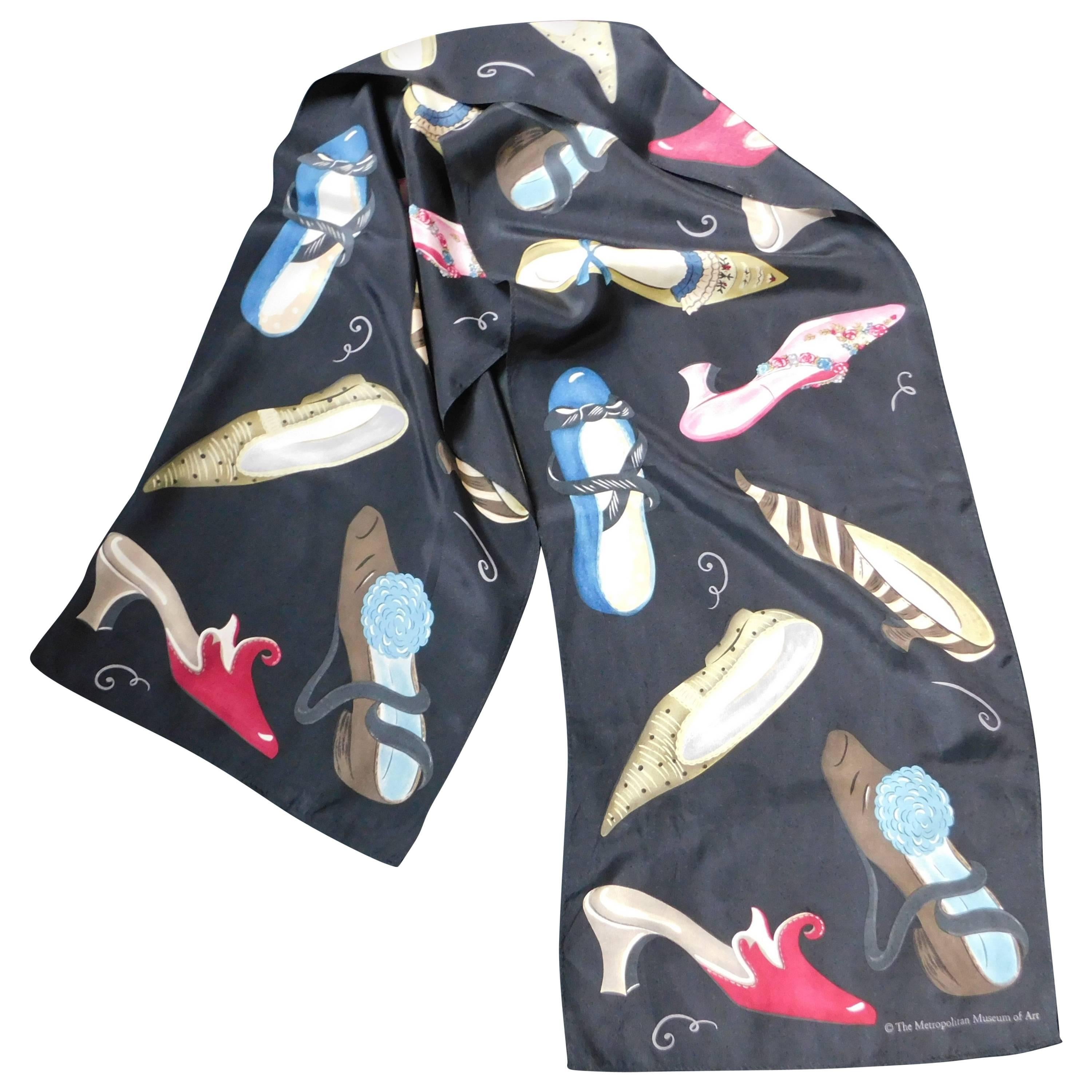 Black Silk Scarf Printed with Antique Shoes Created for The Metropolitan Museum