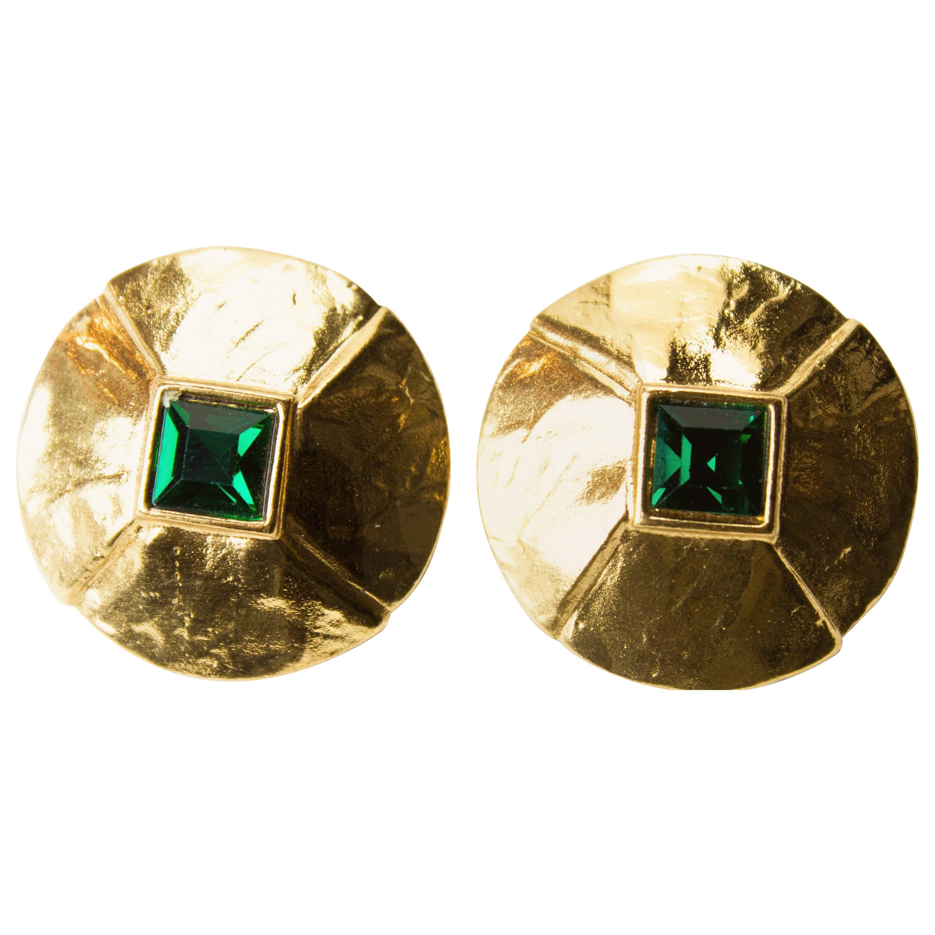 Yves Saint Laurent Pyramid shaped gold plated simulated emerald clip earrings 