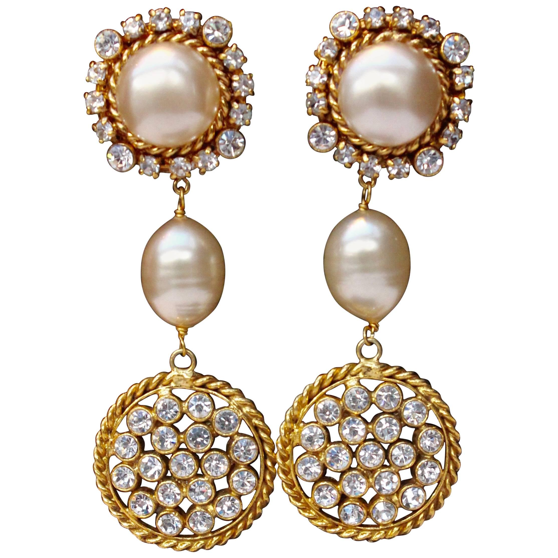 1990s Chanel Stunning drop clip-on earrings with faux pearl and rhinestones