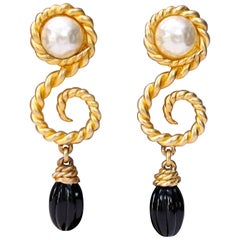 Vintage Chanel gold plated earrings with black drops and pearls, 1980s 