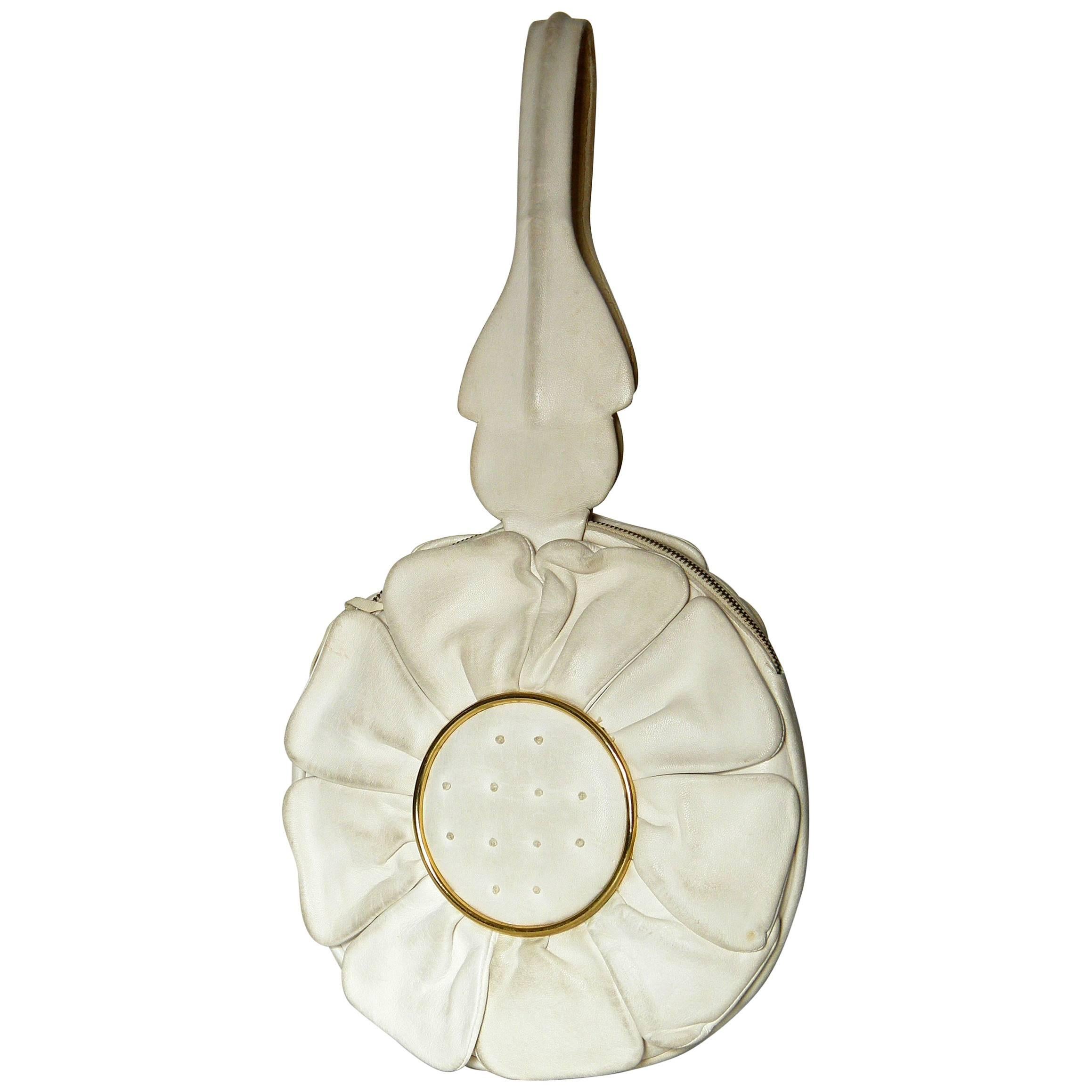 Flower Shaped Handbag in Cream Leather with Gilt Metal Accents