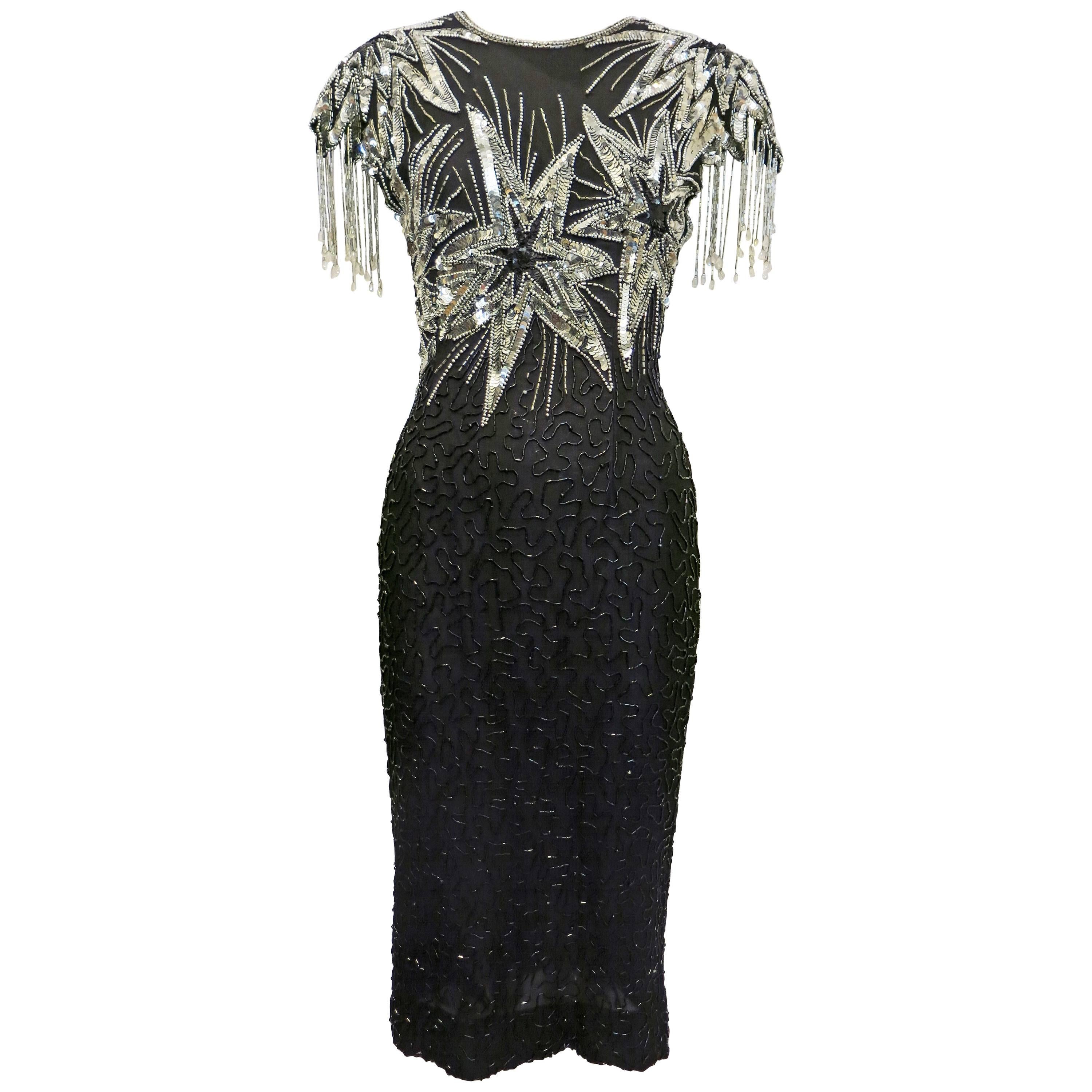 Laurence Kazar Black and Silver Sequin Stars Dress, 1980s  For Sale