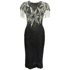 Laurence Kazar Black and Silver Sequin Stars Dress, 1980s 