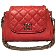 Chanel Orange Leather Chain Trim Classic Flap Shoulder Bag