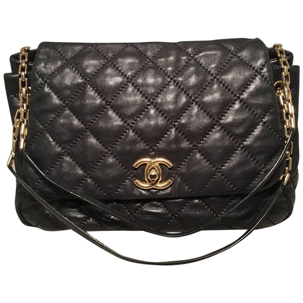 Chanel Quilted Black Distressed Leather Large Classic Flap Shoulder Bag