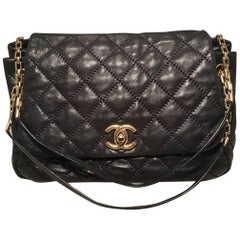 Chanel Quilted Black Distressed Leather Large Classic Flap Shoulder Bag