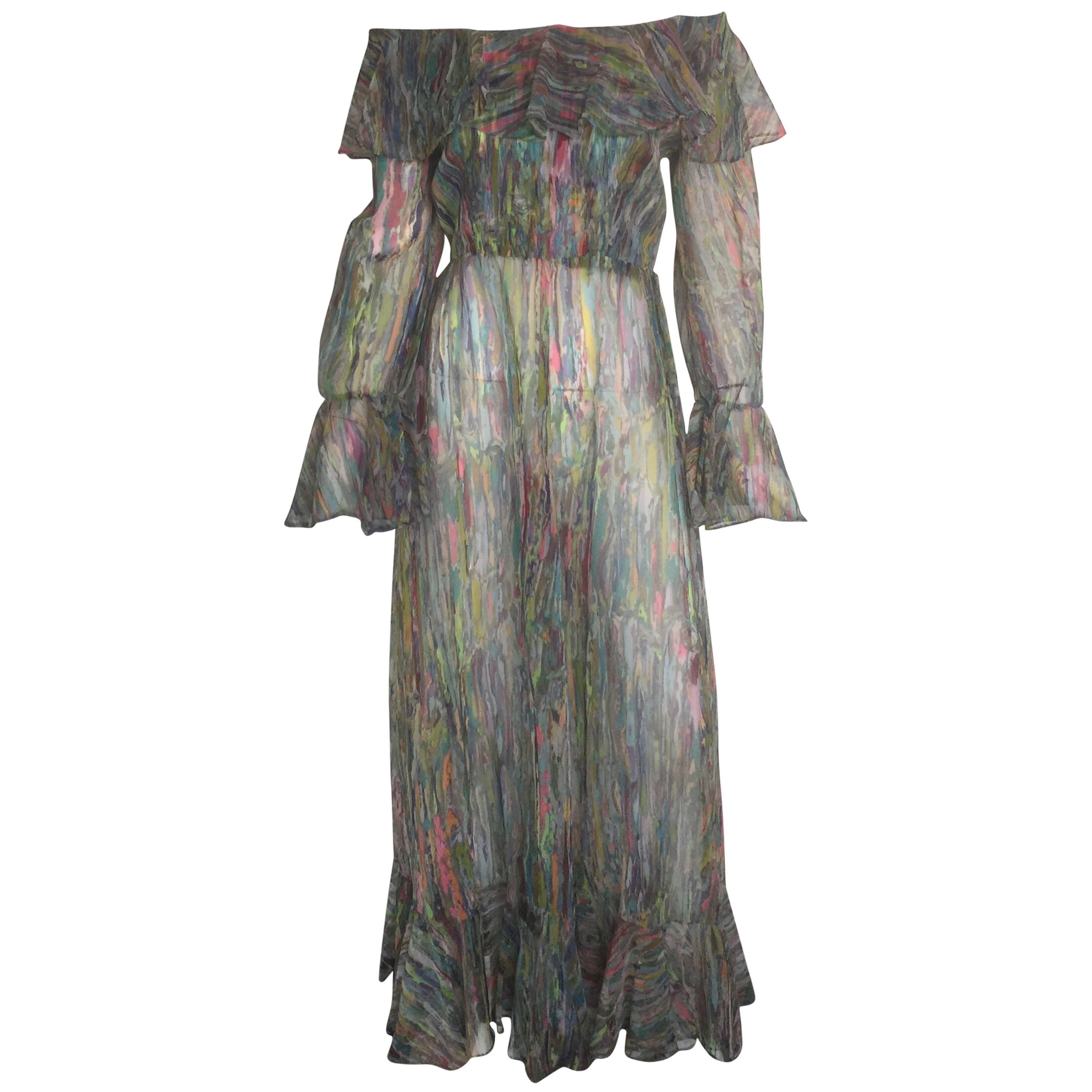 Multicolored sheer off shoulder maxi dress For Sale