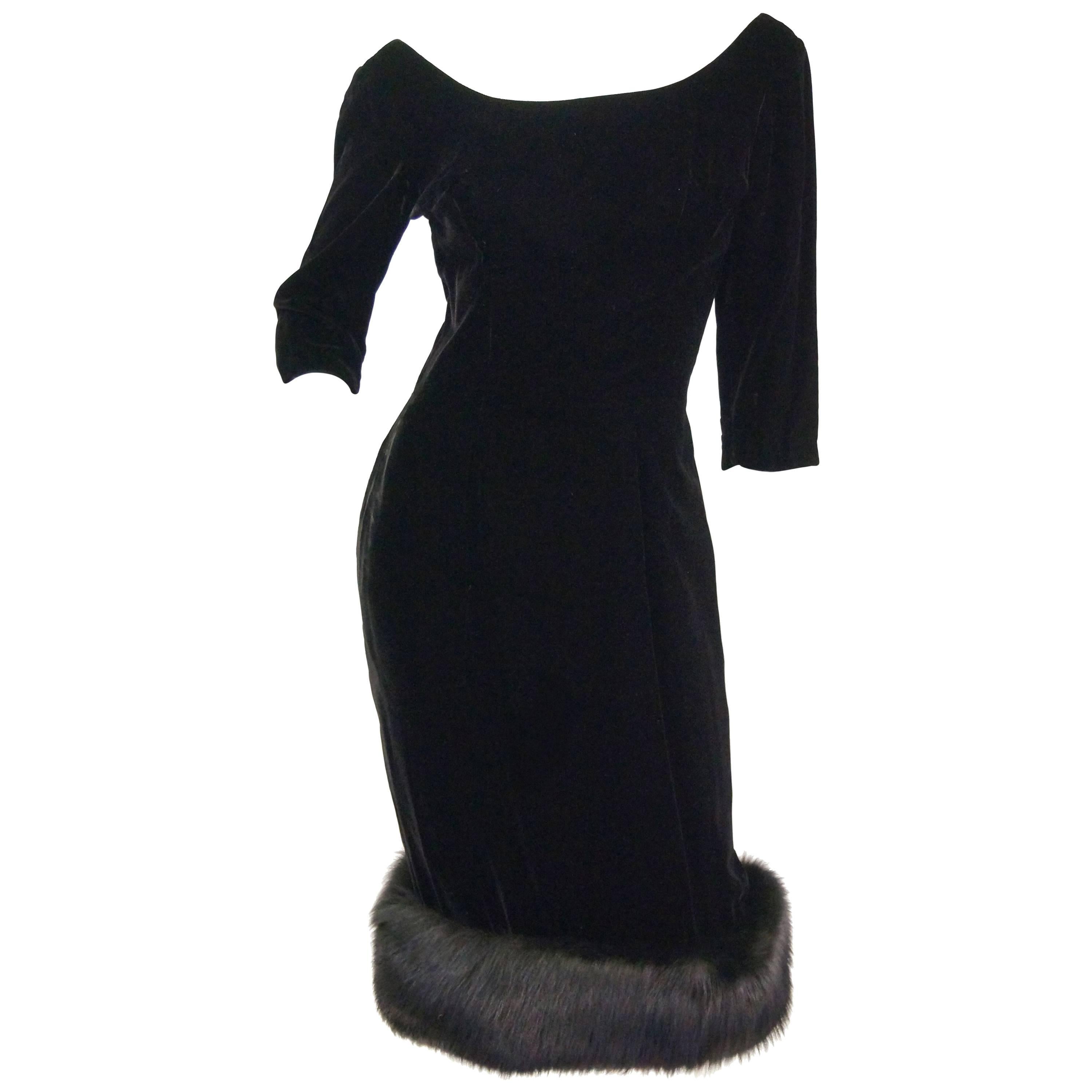 1950s Suzy Perette BlackVelvet Fox Trim Cocktail Dress