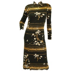 Fabulous Black and Gold Sequin Cherry Blossom Silk-Lined Dress, 1970s 