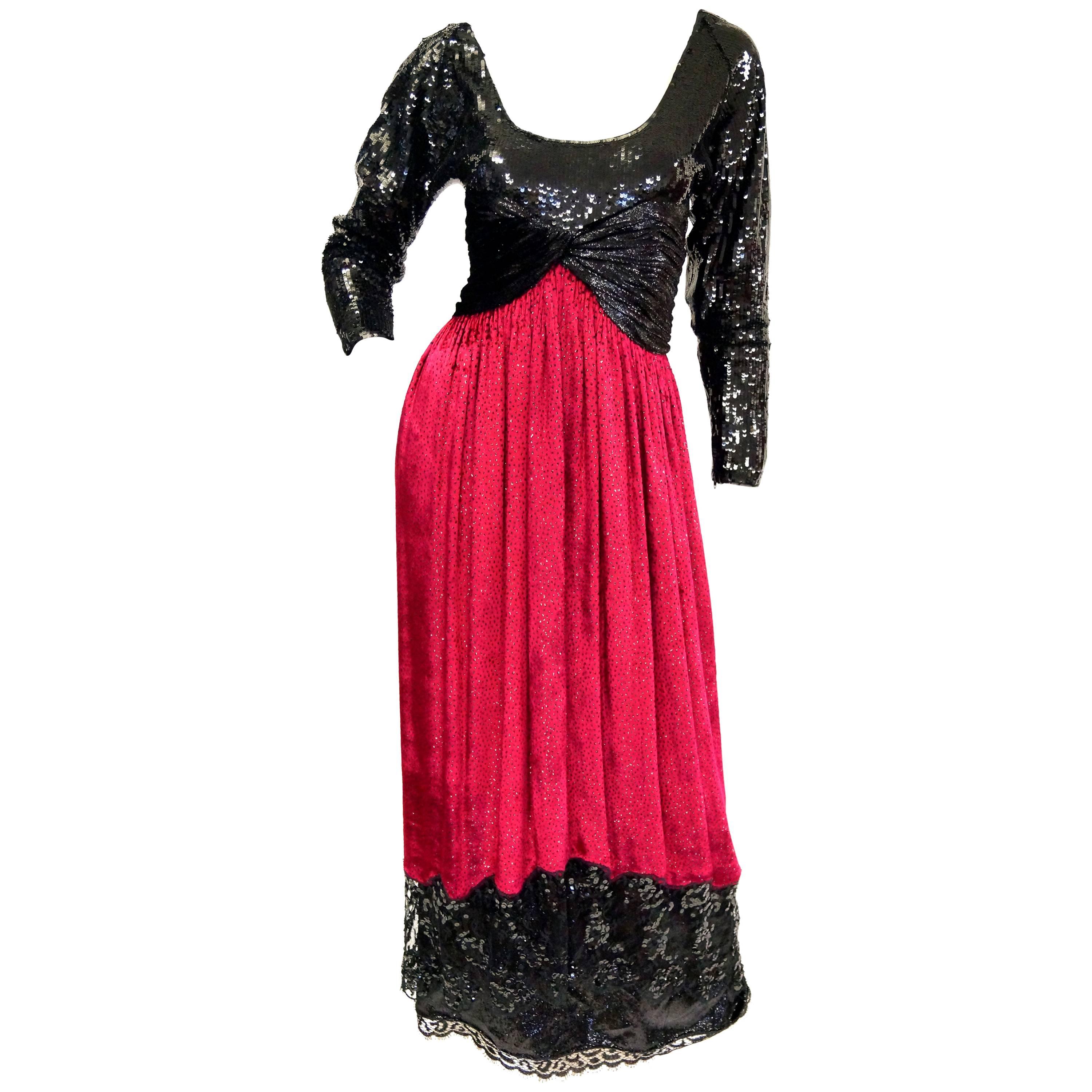  1980s Geoffrey Beene Black and Red Sequin, Lace, and Velvet Evening Dress 2 For Sale