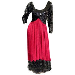  1980s Geoffrey Beene Black and Red Sequin, Lace, and Velvet Evening Dress 2