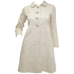 Sublime 1960s Ivory Quilted Brocade Coat with Rhinestone Buttons