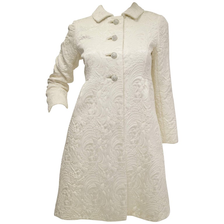 Sublime 1960s Ivory Quilted Brocade Coat with Rhinestone Buttons at 1stDibs