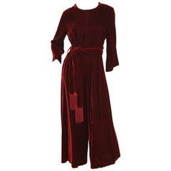 Retro 1960s Burgundy Velvet Palazzo Jumpsuit with Fringe Belt 6