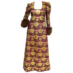 Vintage Mr. Blackwell Fur Cuff Gold and Purple Brocade Evening Dress, 1960s 