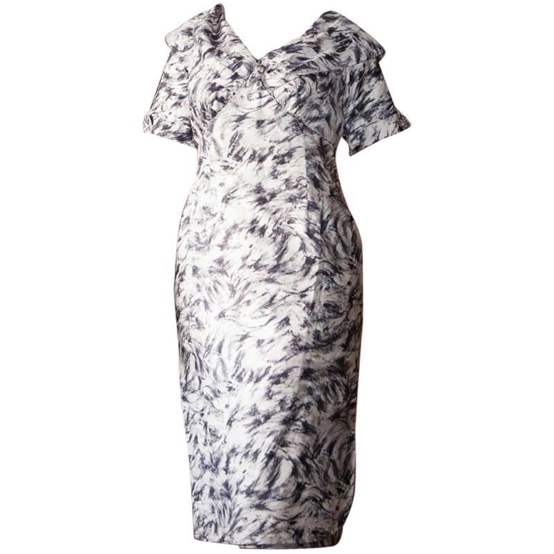 Ceil Chapman grey and white floral dress in larger size For Sale
