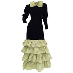 Vintage Givenchy Black Velvet and Green Taffeta Silk Bow Evening Dress, 1980s 