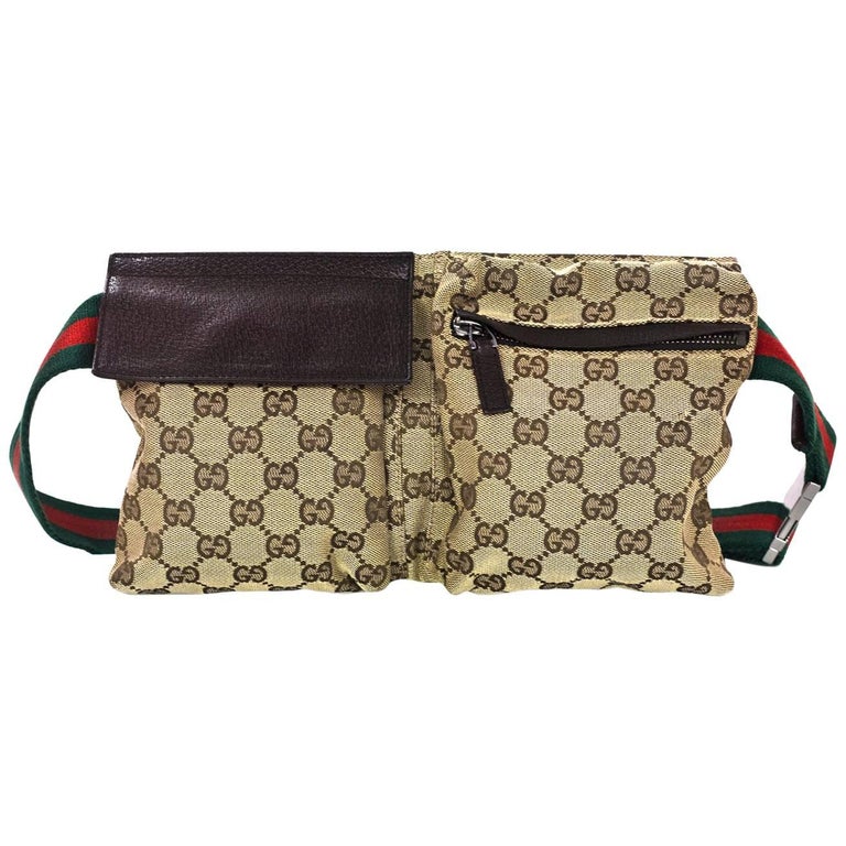Gucci Brown Monogram Double Pouch Waist/ Belt Bag w. Web For Sale at ...