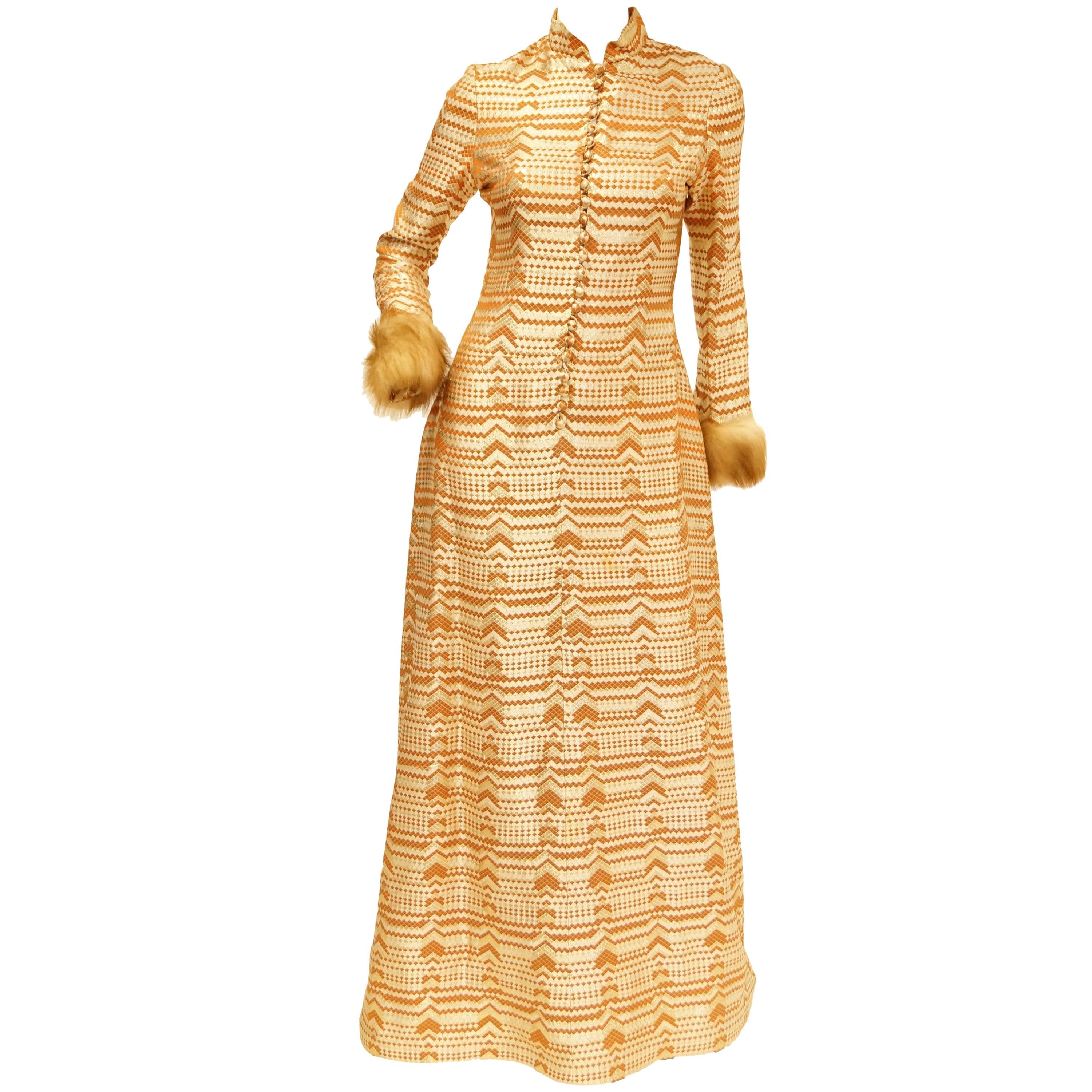 Oscar de la Renta Couture Gold Evening Dress with Fur Cuffs, 1970s 