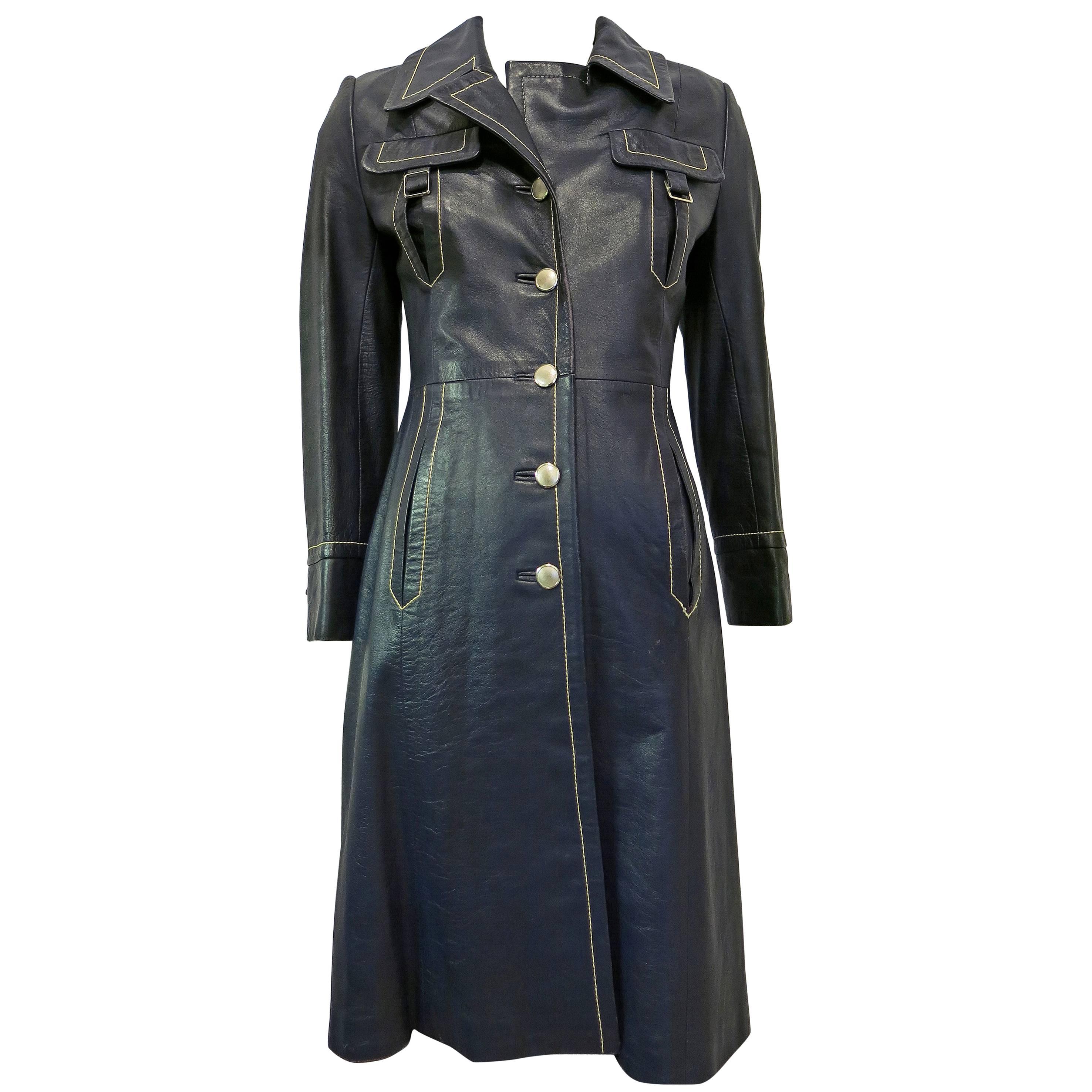 1970s Navy Leather Contrast Stitch Trench Coat For Sale