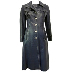 1970s Navy Leather Contrast Stitch Trench Coat