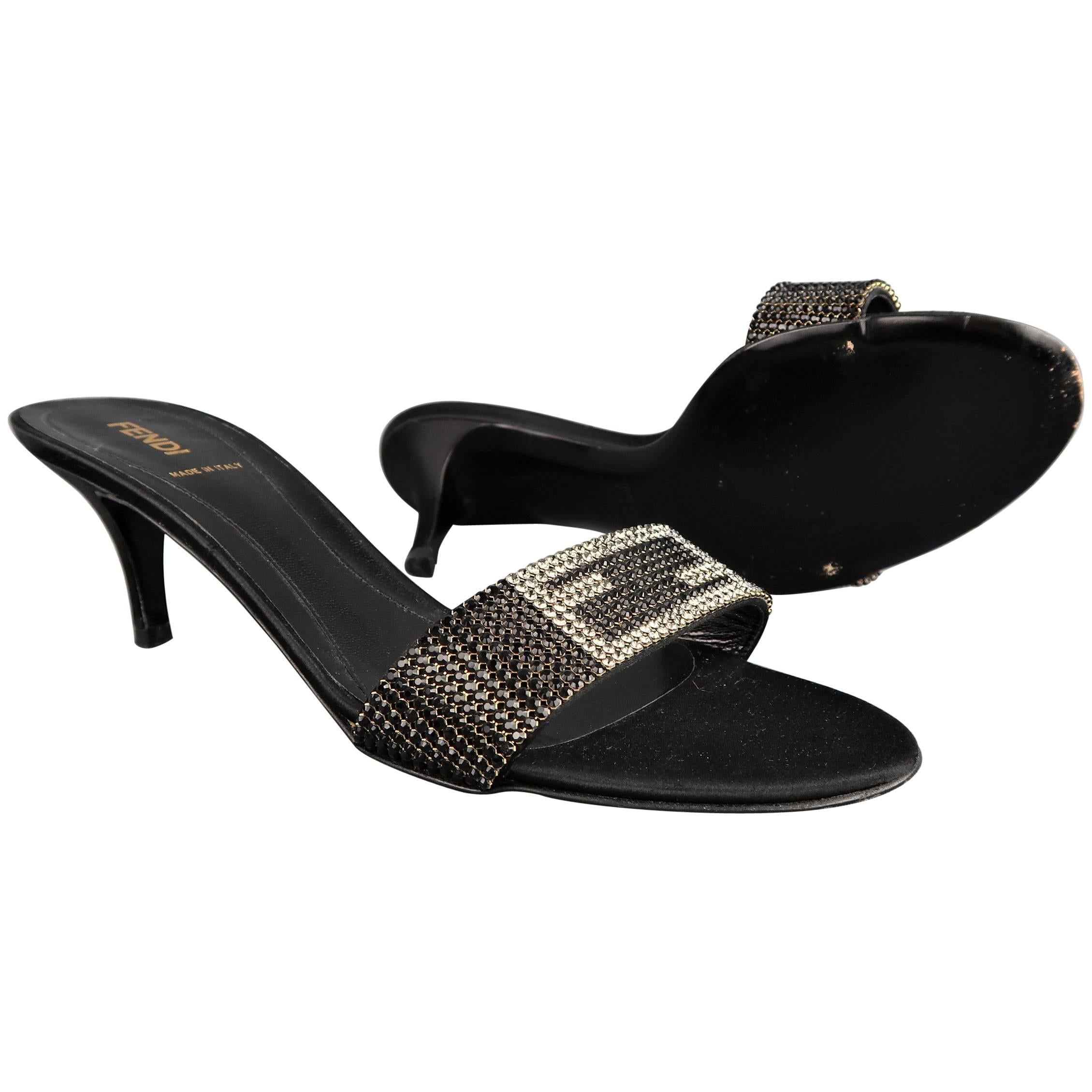 FENDI Size 9.5 Black Silk Rhinestone Logo Strap Kitten Heel Mule Sandals