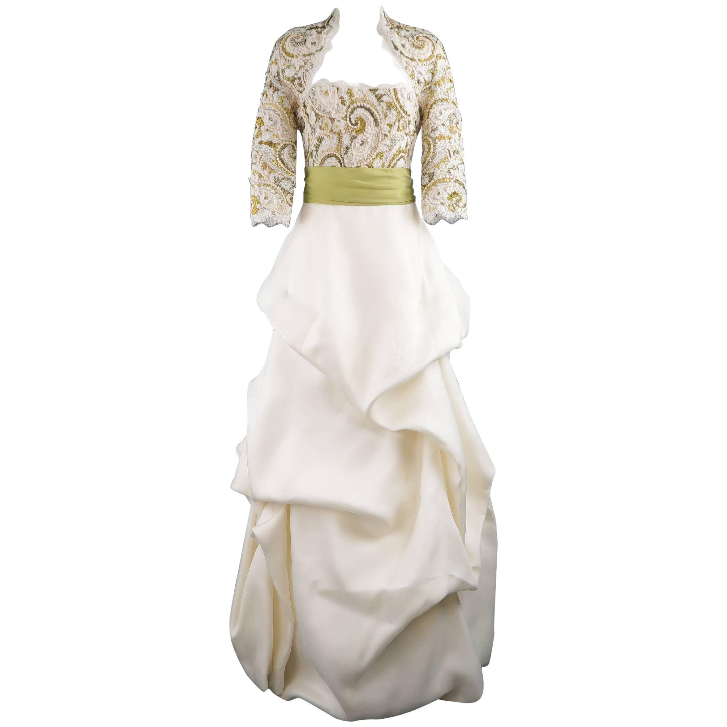 Monique Lhuillier Gown Dress Cream Gold Green Lace Bodice Bolero