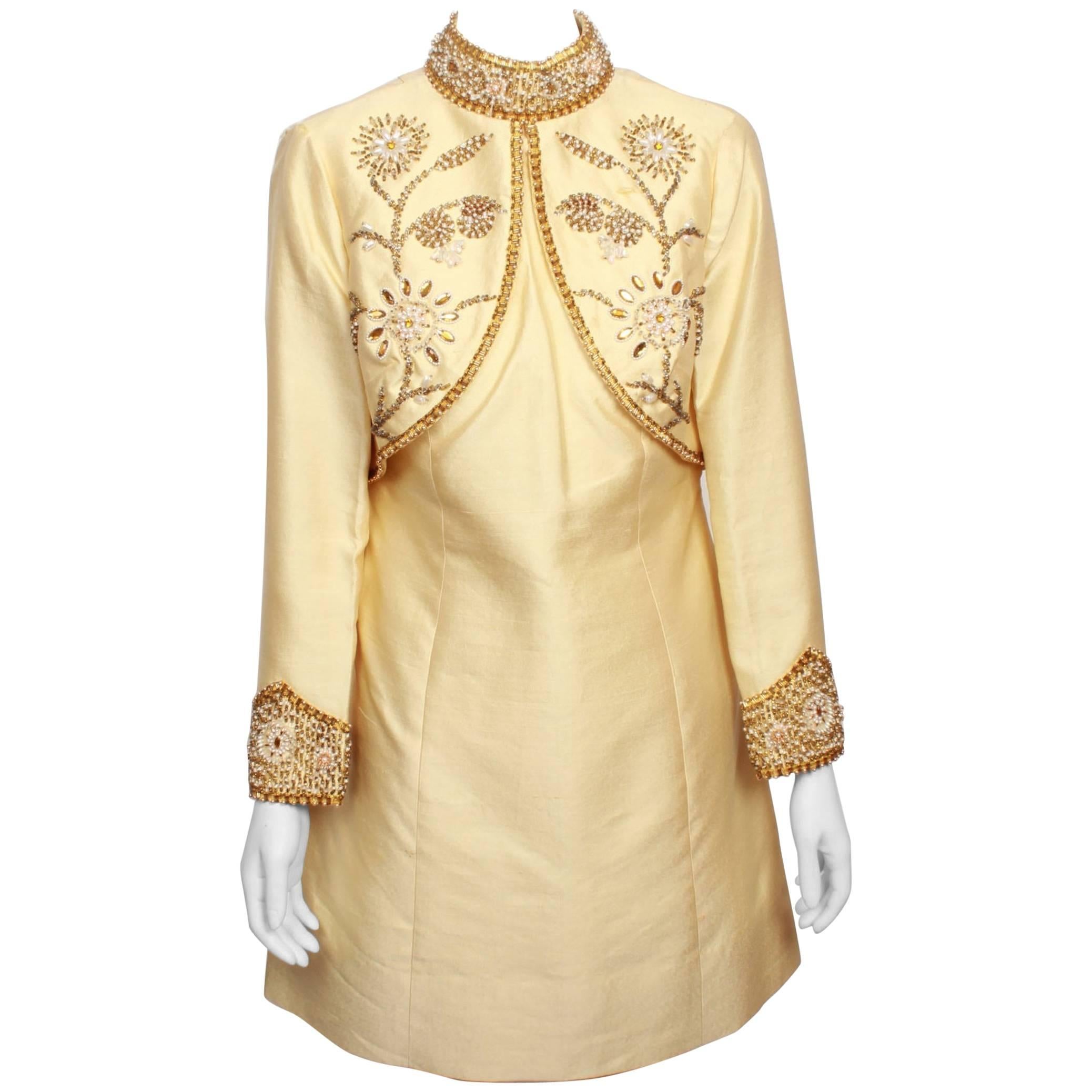 1960's Vintage Jewel Encrusted Pale Gold Heavy Thai Silk Dress For Sale
