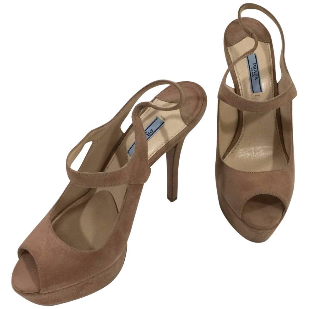 Prada Beige Suede Platform Stiletto High Heeled Shoes  For Sale