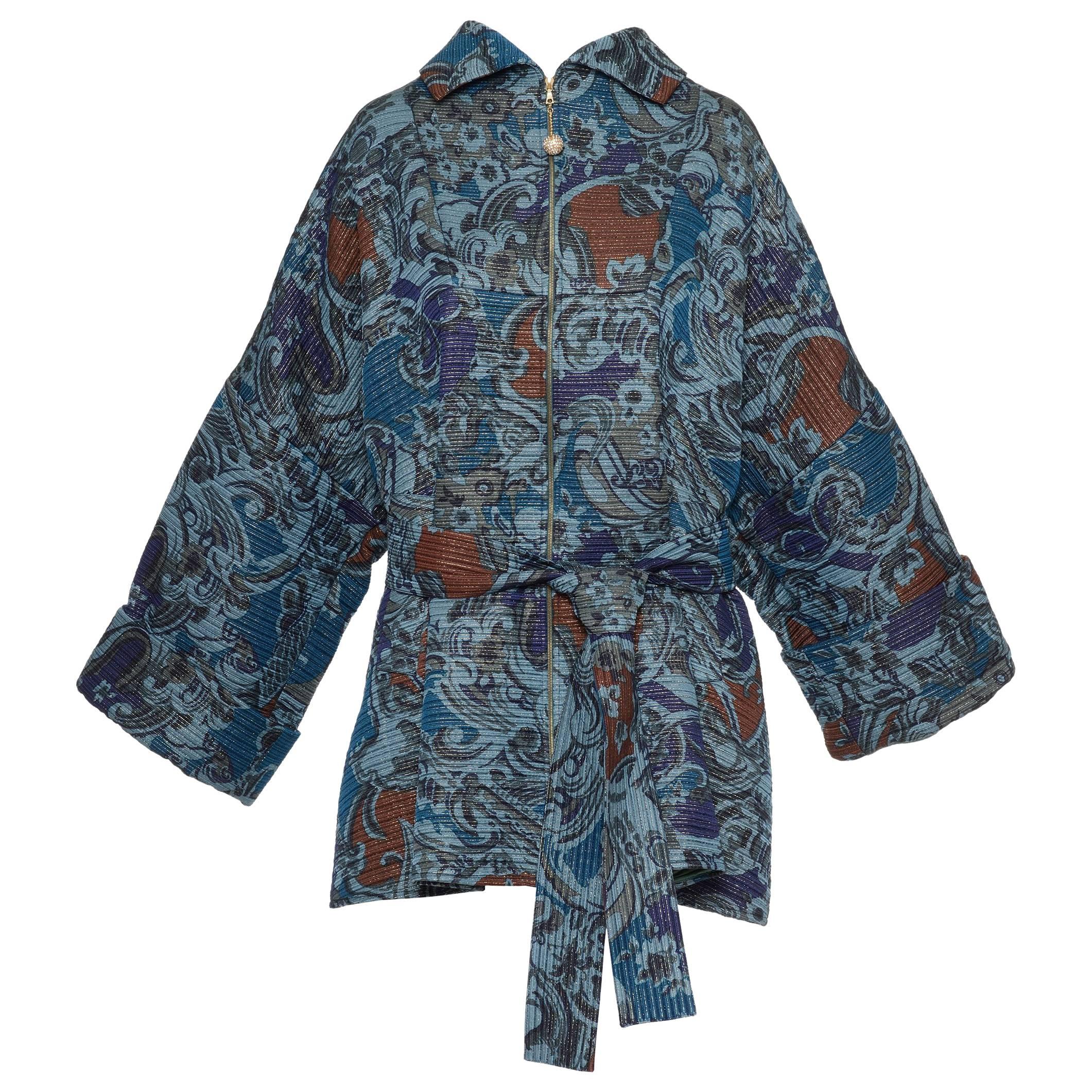 Gianfranco Ferre Green Oversize Striped Quilted Kimono Coat Jacket, 1990s 