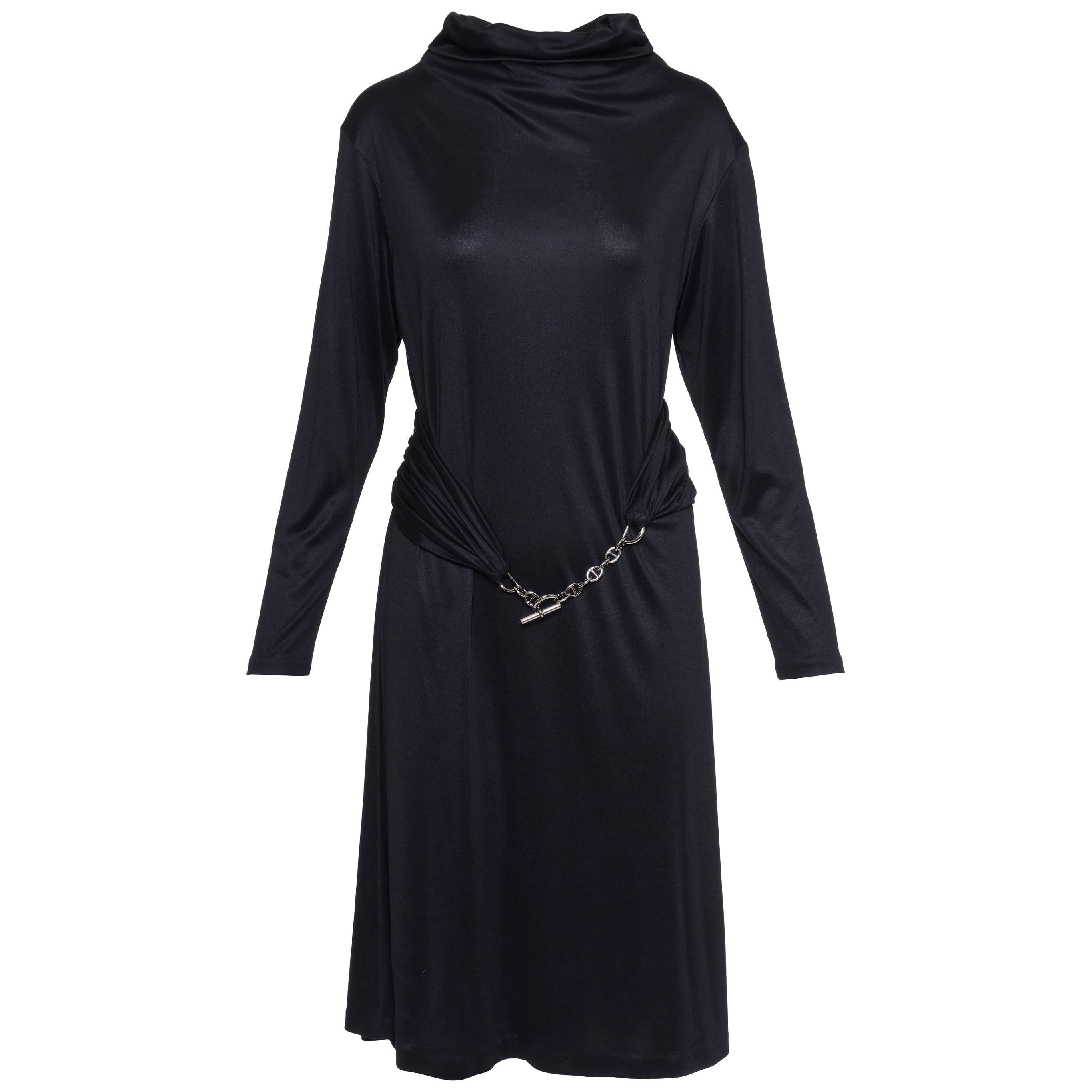 Hermes Black Jersey Dress With Chain Belt For Sale