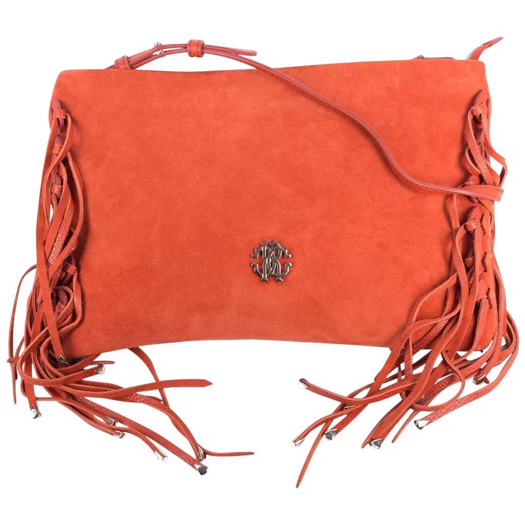 Roberto Cavalli Womens Orange Suede Leather Fringe Edge Handbag For Sale