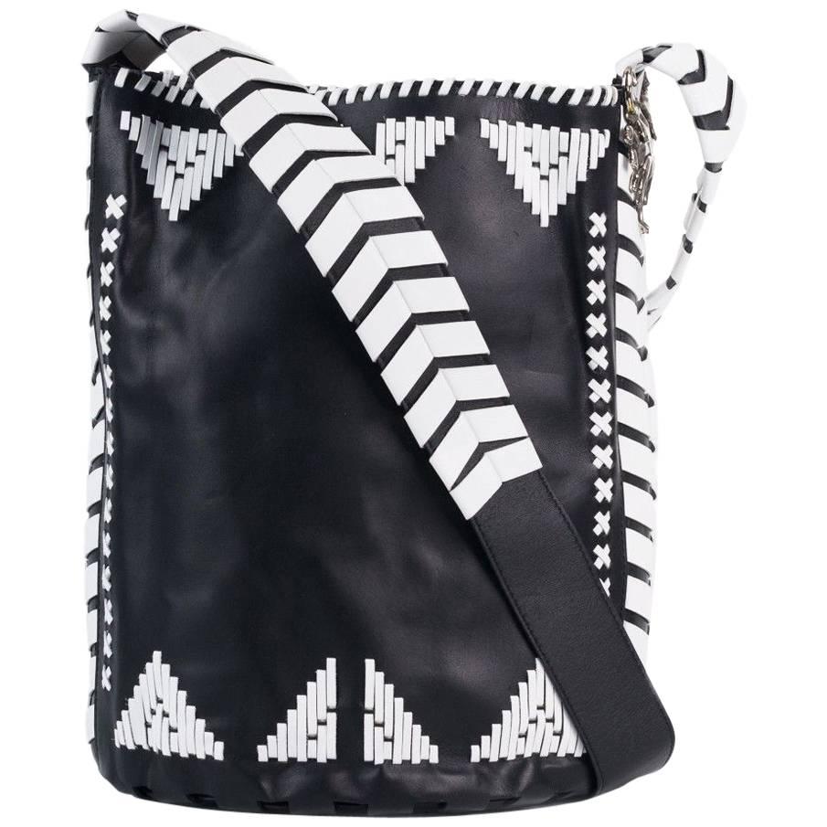 Roberto Cavalli Womens Black Leather White Tribal Stitched Hobo Bag For Sale